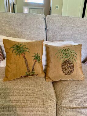 Tropical Silk Like Beaded Pineapple and Palm Tree Decorative 10" x 10" Pillows